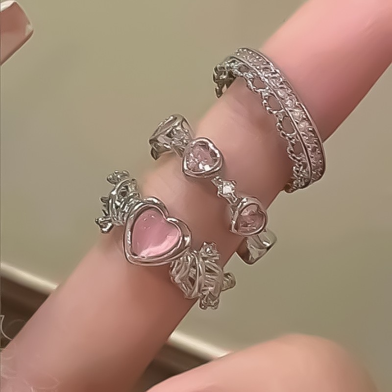 Fashion Pink Alloy Diamond Geometric Ring Set