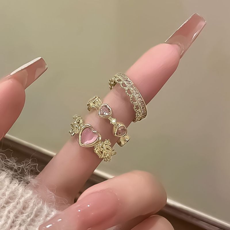 Fashion Gold Pink Alloy Diamond Geometric Ring Set