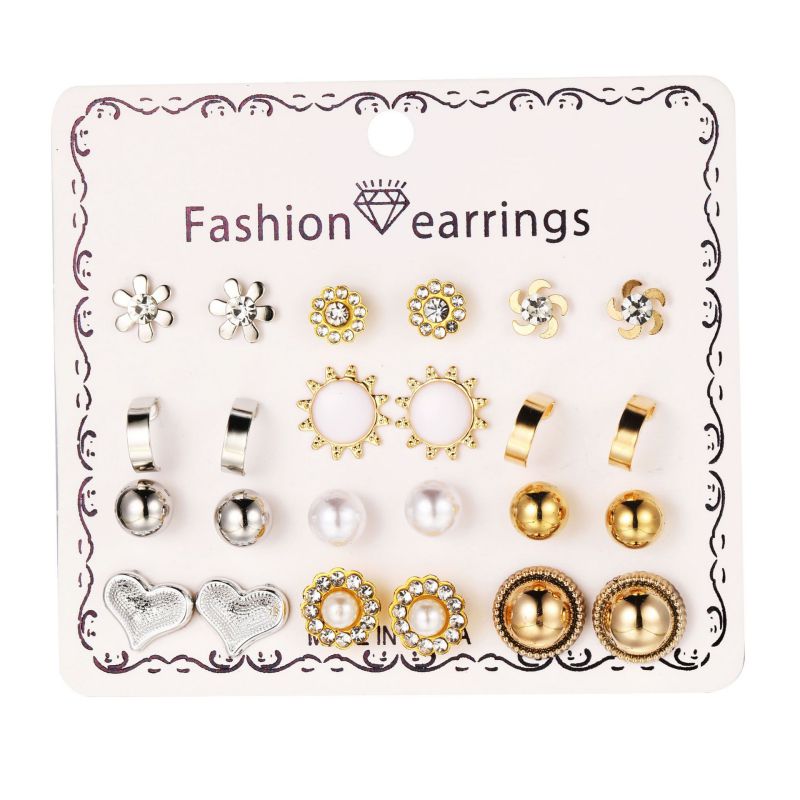 Fashion Color Alloy Diamond Heart Flower Pearl Earring Set