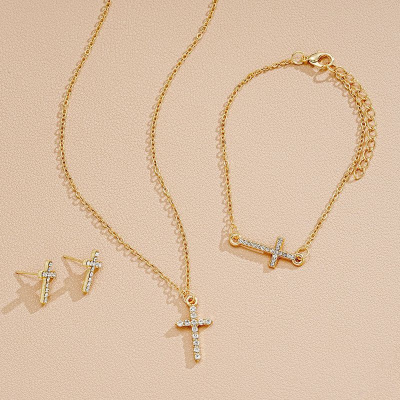 Fashion Gold Alloy Diamond Cross Necklace Bracelet Earrings Set
