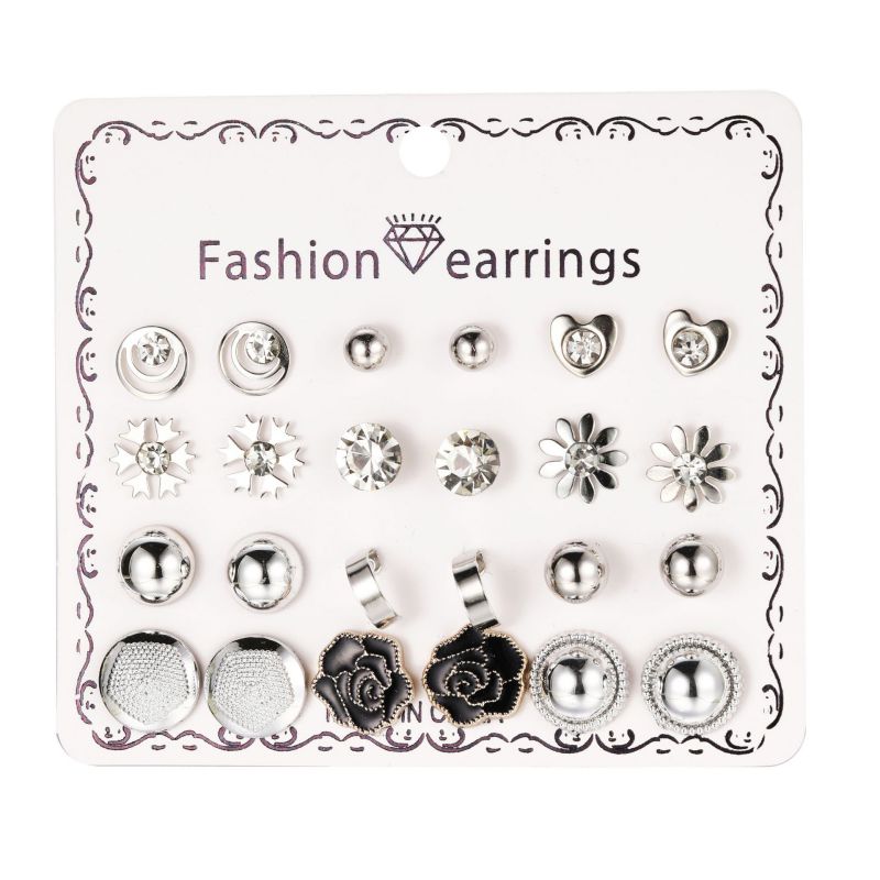 Fashion Silver Alloy Diamond Love Flower Earring Set
