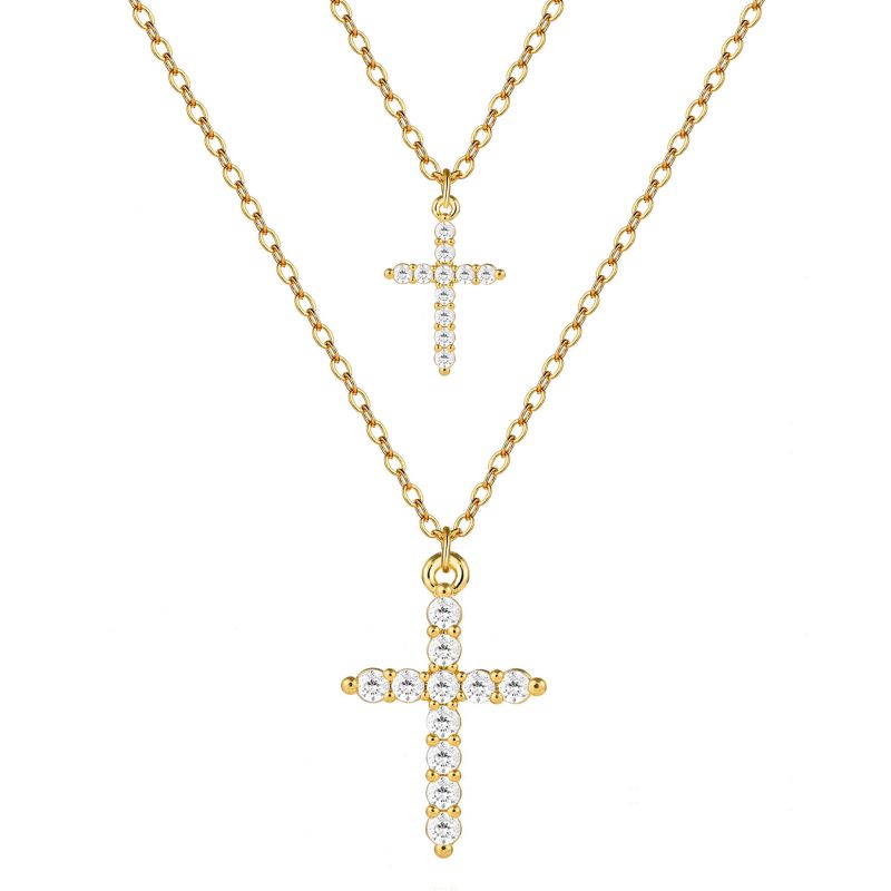 Fashion Gold Copper And Diamond Cross Double Layer Necklace