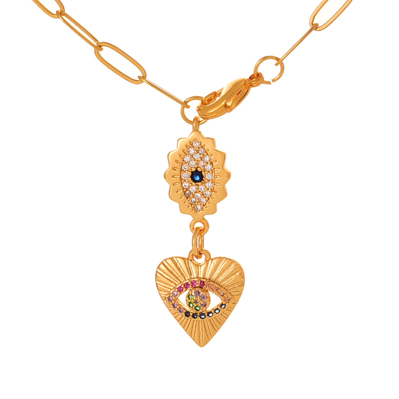 Fashion Gold Copper Inlaid Zirconium Heart Eye Pendant Lobster Clasp Necklace