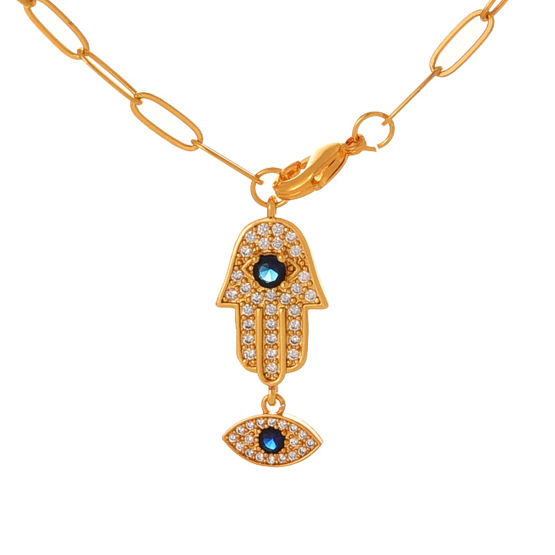 Fashion Gold Copper Set Zirconium Palm Eye Pendant Lobster Clasp Necklace