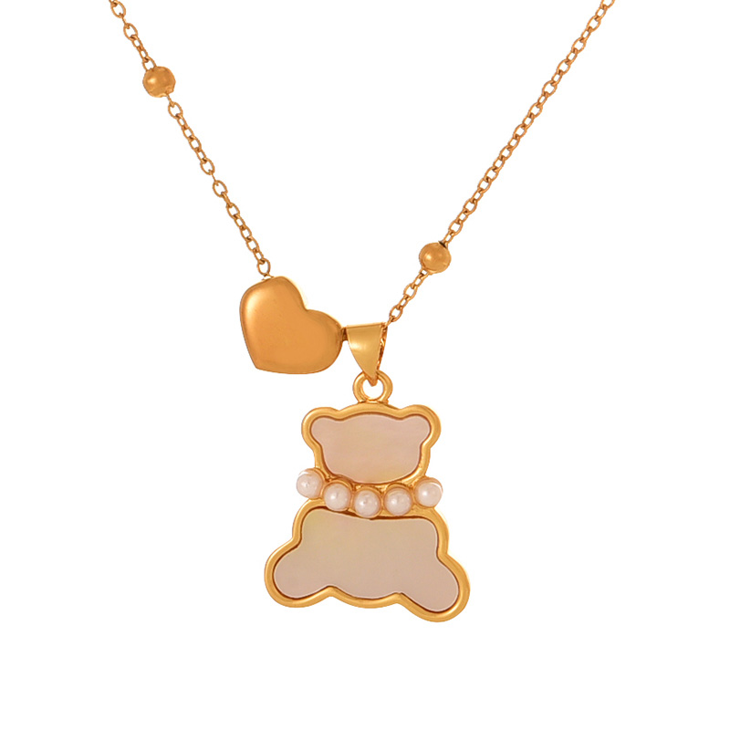 Fashion Gold Titanium Steel Love Shell Pearl Bear Pendant Bead Necklace