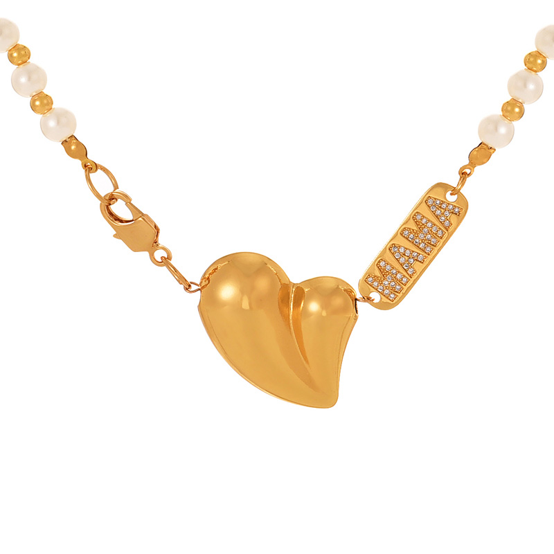 Fashion Golden 2 Copper Inlaid Zirconium Heart Letter Mama Pendant Pearl Beaded Necklace