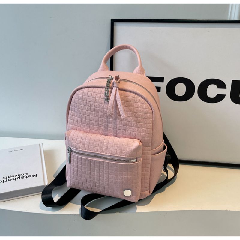 Fashion Pink Pu Plaid Large Capacity Backpack