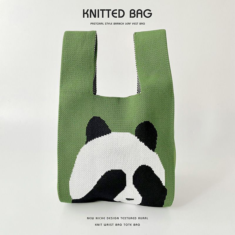 Fashion Blindfolded Bear Green Polyester Knitted Large Capacity Tote Bag