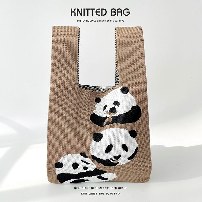 Fashion Khaki Panda Polyester Knitted Large Capacity Tote Bag