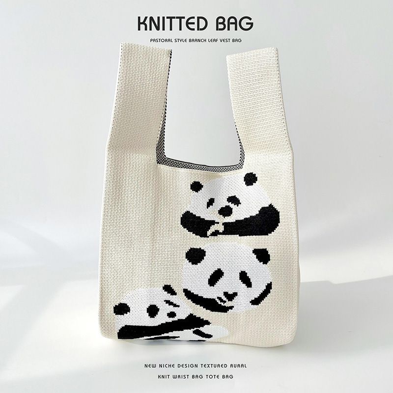 Fashion Off-white Panda Polyester Knitted Large Capacity Tote Bag