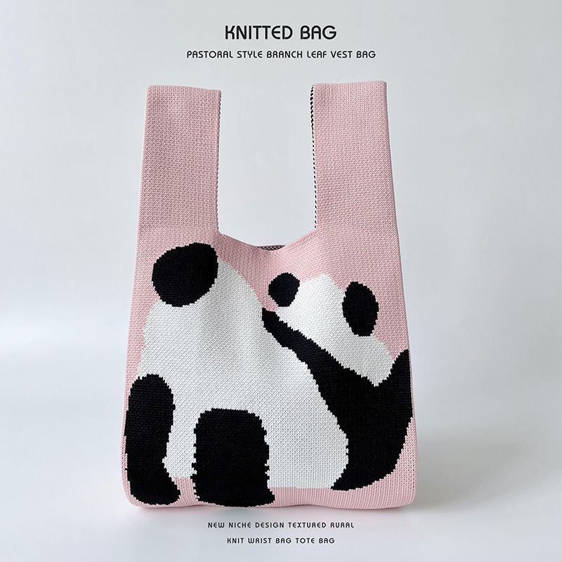 Fashion Pink Back Panda Polyester Knitted Large Capacity Tote Bag