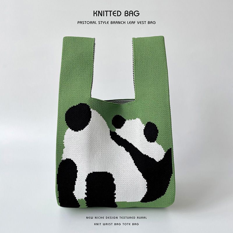 Fashion Green Back Panda Polyester Knitted Large Capacity Tote Bag