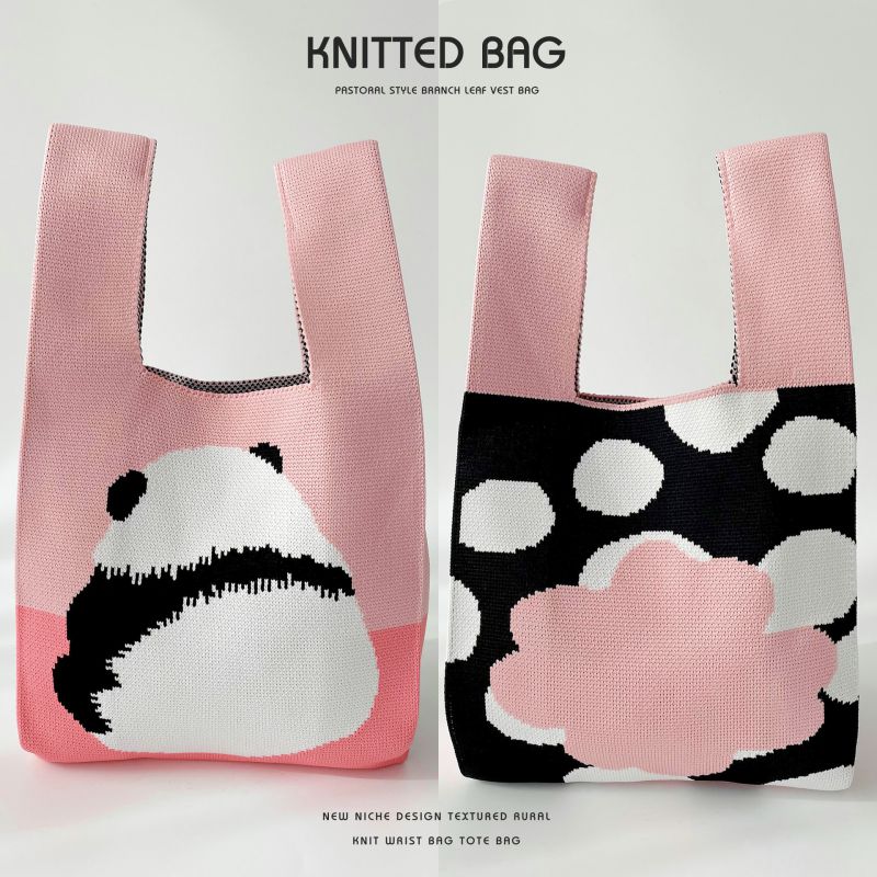 Fashion Double-sided Color Matching Panda Powder Polyester Knitted Large Capacity Tote Bag