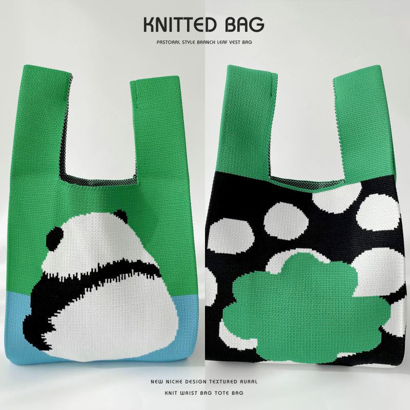 Fashion Double-sided Color Matching Panda Green Polyester Knitted Large Capacity Tote Bag