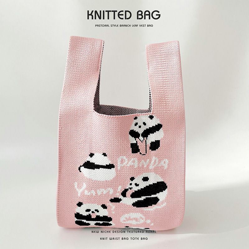 Fashion Pink Panda Polyester Knitted Large Capacity Tote Bag