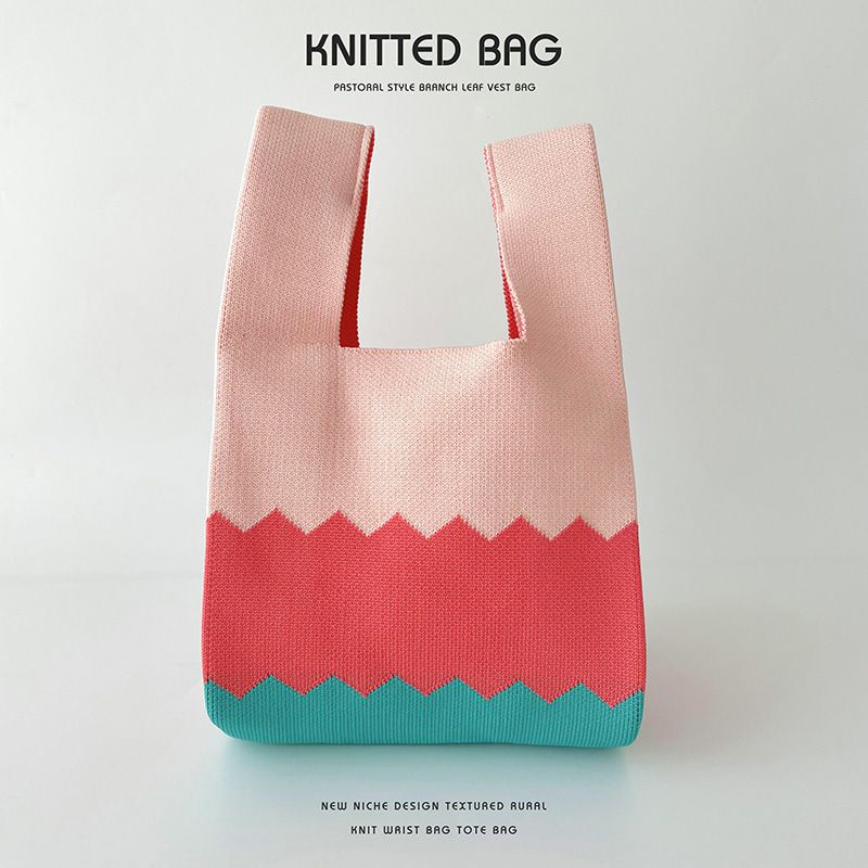 Fashion Color Block Pink And Green Polyester Colorblock Knitted Tote Bag