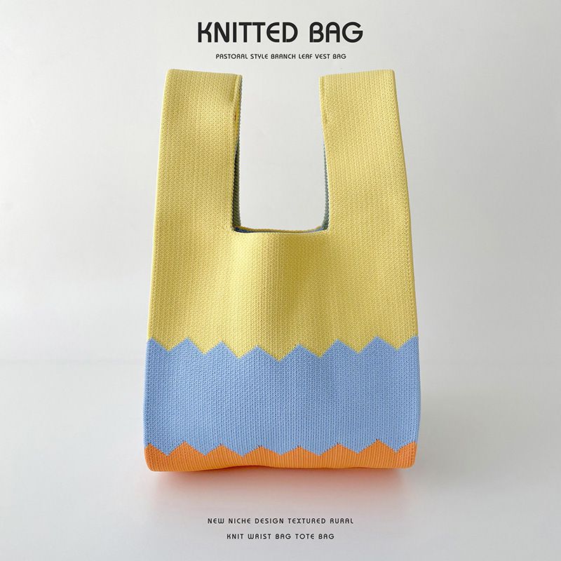 Fashion Color Block Yellow Blue Orange Polyester Colorblock Knitted Tote Bag