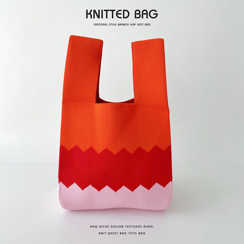 Fashion Color Block Pink Orange Polyester Colorblock Knitted Tote Bag