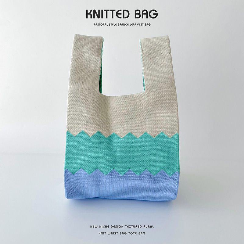 Fashion Color Block Apricot Blue Polyester Colorblock Knitted Tote Bag