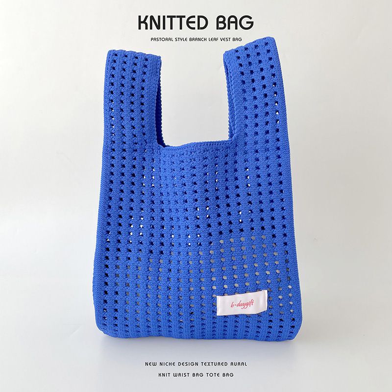 Fashion Royal Blue Solid Color Knitted Hollow Shoulder Bag