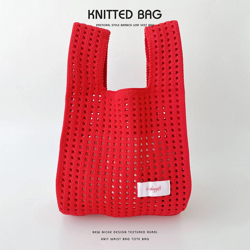 Fashion Red Solid Color Knitted Hollow Shoulder Bag