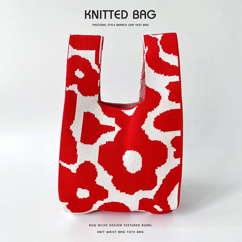 Fashion Red Flowers Polyester Printed Knitted Tote Bag