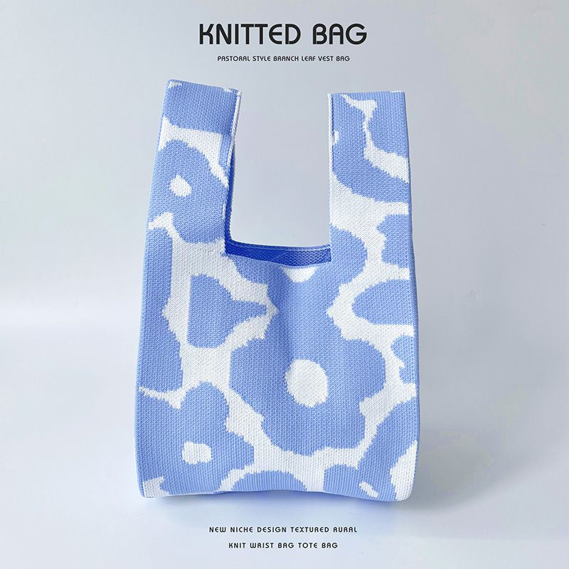 Fashion Blue Flowers Polyester Printed Knitted Tote Bag