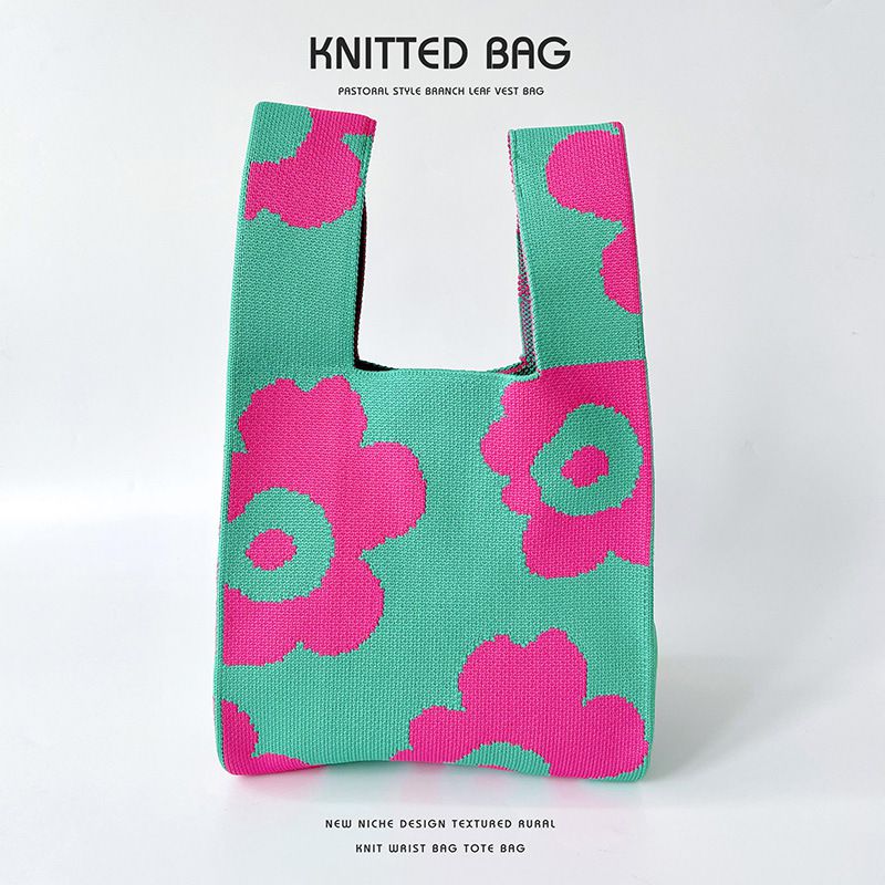 Fashion Green Rose Red Flowers Polyester Printed Knitted Tote Bag