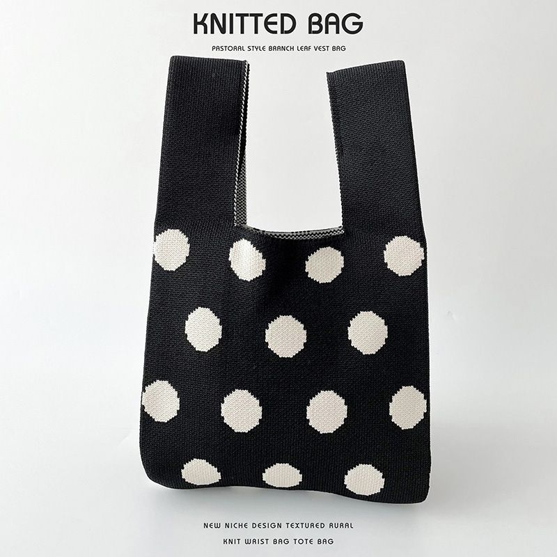 Fashion Black And White Polka Dots Polyester Printed Knitted Tote Bag