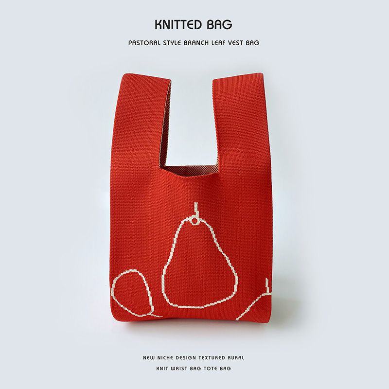 Fashion Red Pear Polyester Printed Knitted Tote Bag