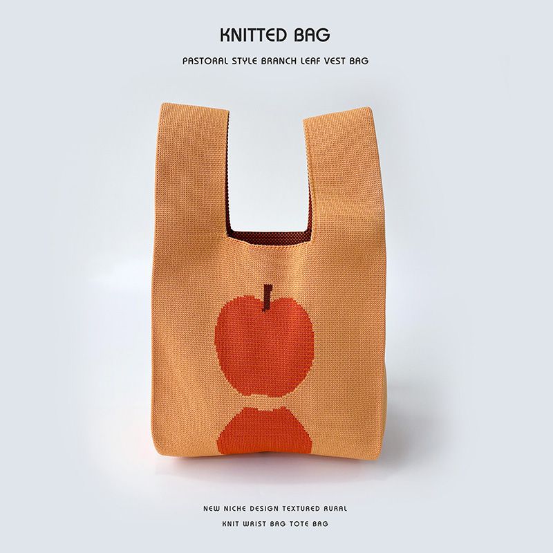 Fashion Apple Orange Polyester Printed Knitted Tote Bag