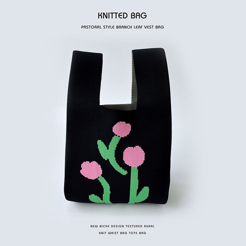 Fashion Three Flowers Black Polyester Printed Knitted Tote Bag
