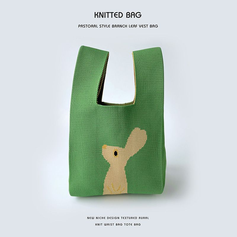 Fashion Rabbit Green Polyester Printed Knitted Tote Bag