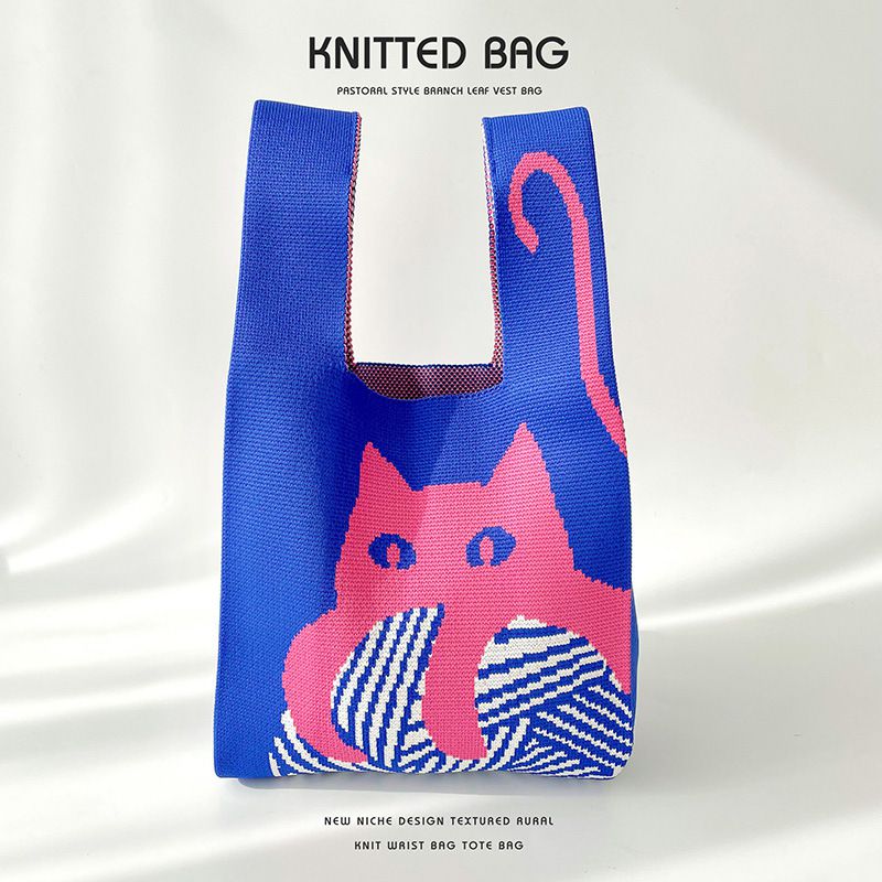 Fashion Kitten On Blue Background Polyester Knitted Printed Tote Bag