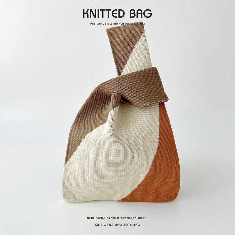 Fashion Tricolor Khaki Polyester Color Block Knitted Shoulder Bag