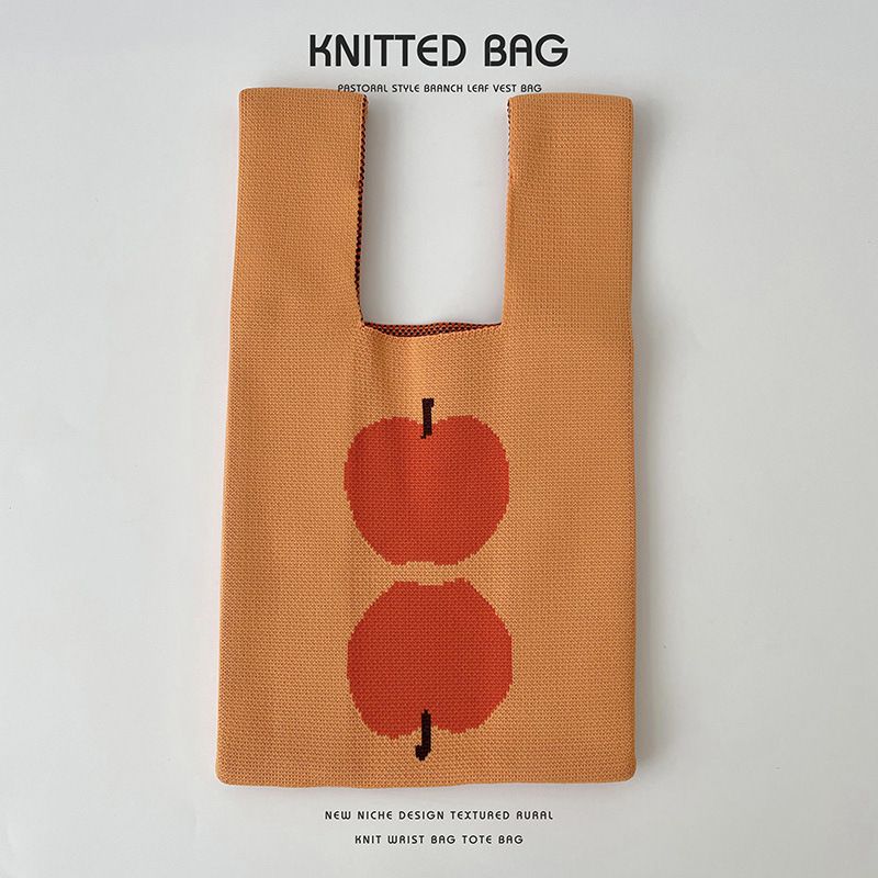 Fashion Orange Apple Polyester Knitted Printed Tote Bag
