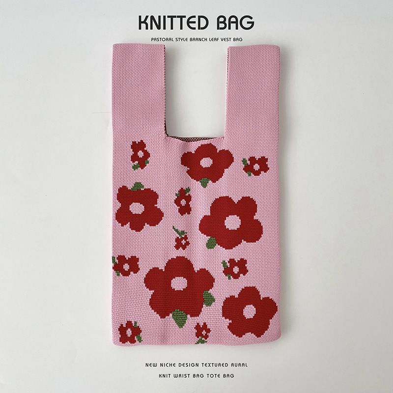 Fashion Rose-red Flowers Polyester Knitted Printed Tote Bag