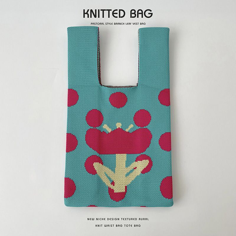 Fashion Cyan Rose Red Dots Polyester Knitted Printed Tote Bag