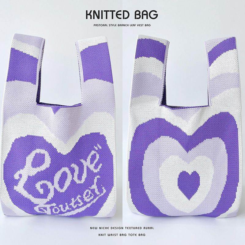 Fashion Purple Gradient Heart Polyester Knitted Printed Tote Bag
