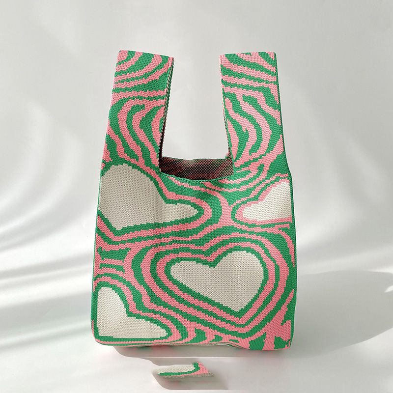 Fashion Ripple Love Pink And Green Polyester Knitted Printed Tote Bag