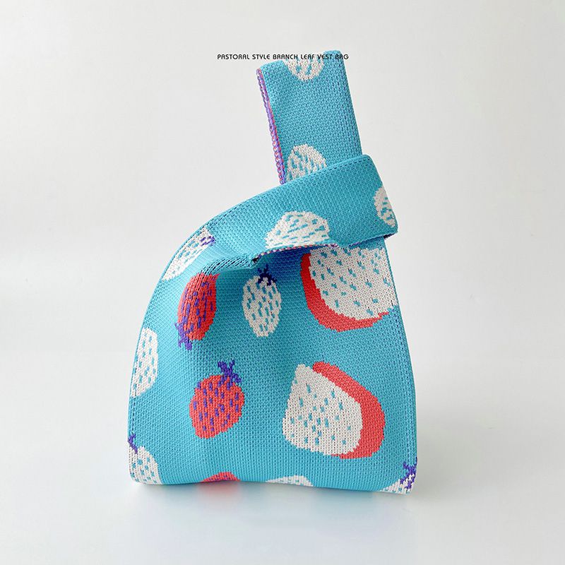Fashion Strawberry On Blue Background Polyester Knitted Printed Tote Bag