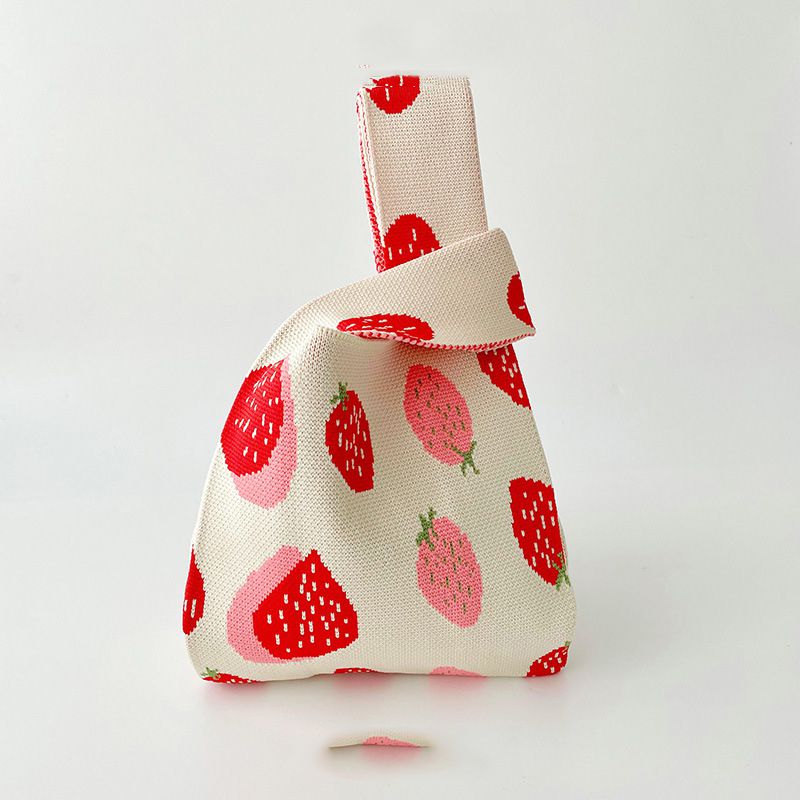Fashion Strawberries With Milky White Background Polyester Knitted Printed Tote Bag
