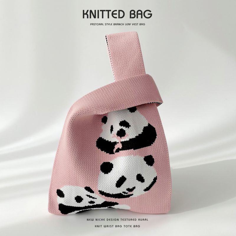 Fashion Pink Panda Polyester Knitted Printed Tote Bag