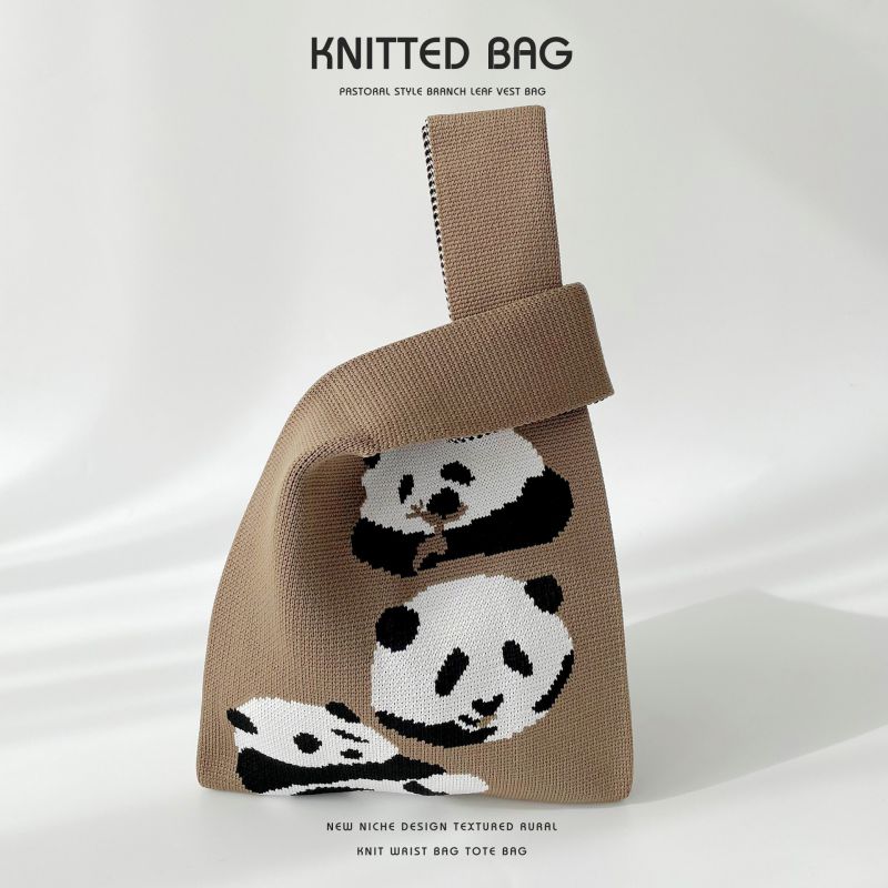 Fashion Khaki Panda Polyester Knitted Printed Tote Bag