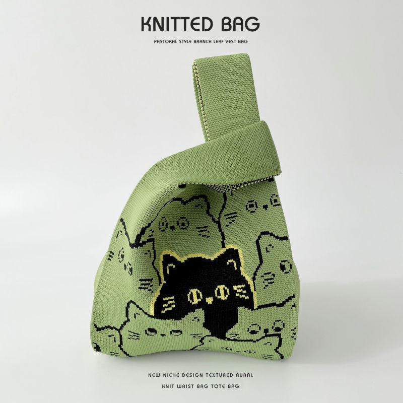 Fashion Green Cat Polyester Knitted Printed Tote Bag