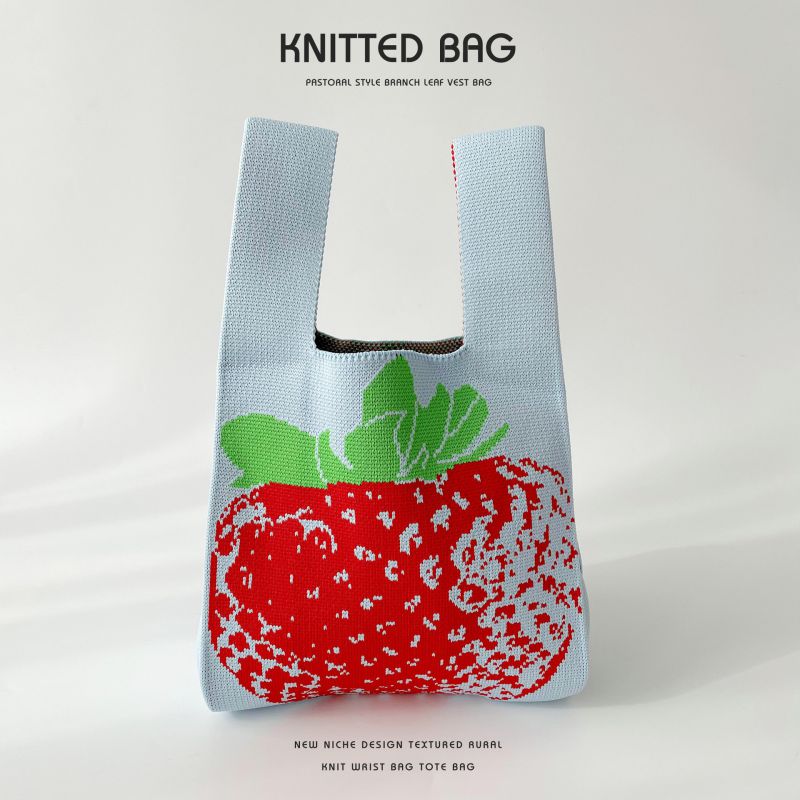 Fashion Cyan Strawberry Polyester Knitted Printed Tote Bag