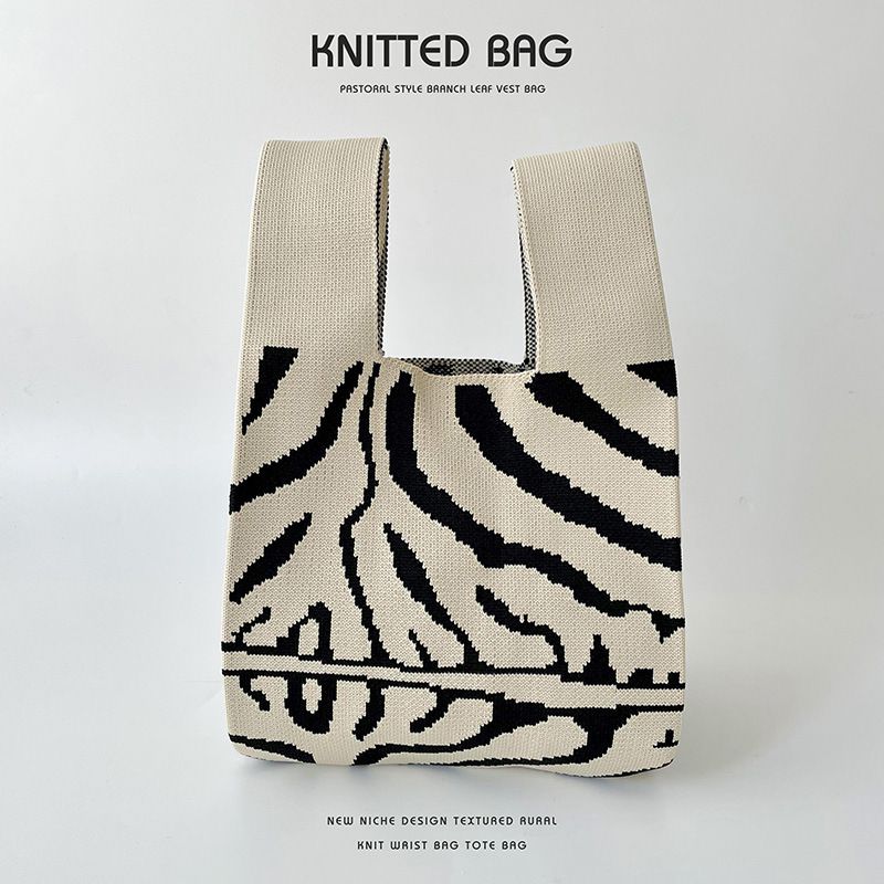 Fashion Zebra Stripe White Polyester Knitted Printed Tote Bag