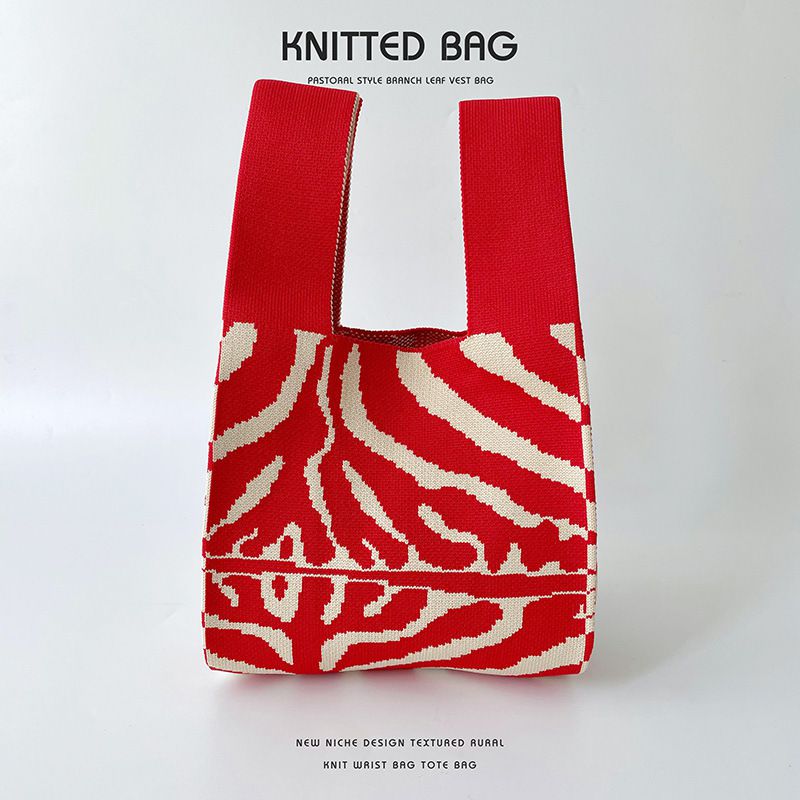 Fashion Zebra Stripe Red Polyester Knitted Printed Tote Bag
