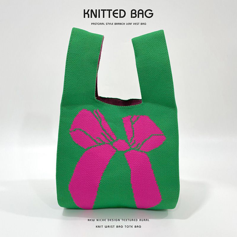 Fashion Green Rose Pink Bow Polyester Knitted Printed Tote Bag