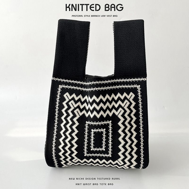 Fashion Wavy Black Polyester Knitted Printed Tote Bag